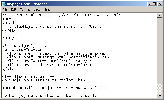 izvor HTML-a u programu Notepad